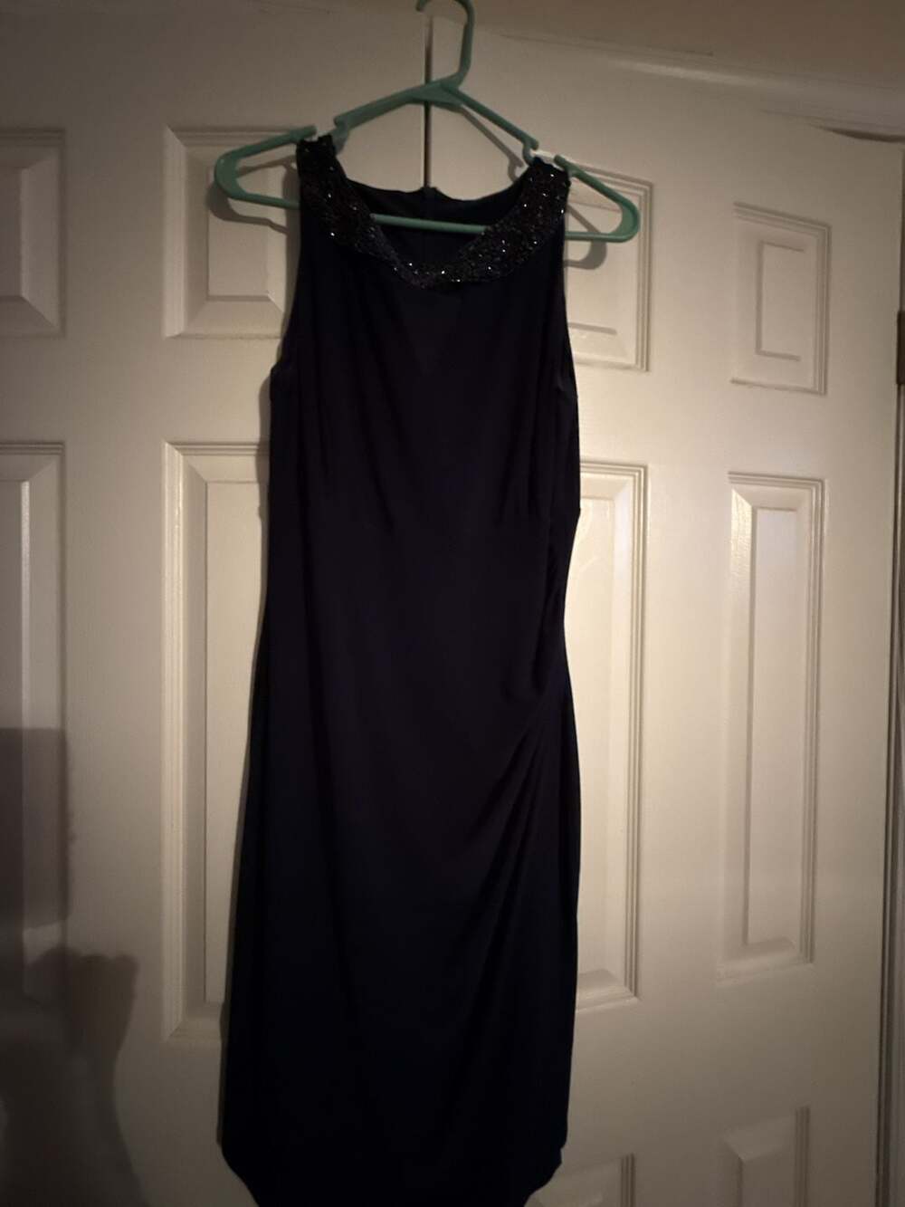 American Living Navy Blue Sleeveless Sheath Dress with Beaded Neckline